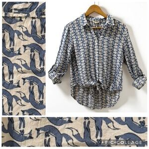 Anthro Jane and Delancey Blue Jumping Foxes Animal Print Tie Front Blouse L